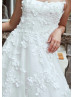White Lace Tulle Pearls Embellished Floral Wedding Dress White Lace Tulle Pearls Embellished Floral Wedding Dress
